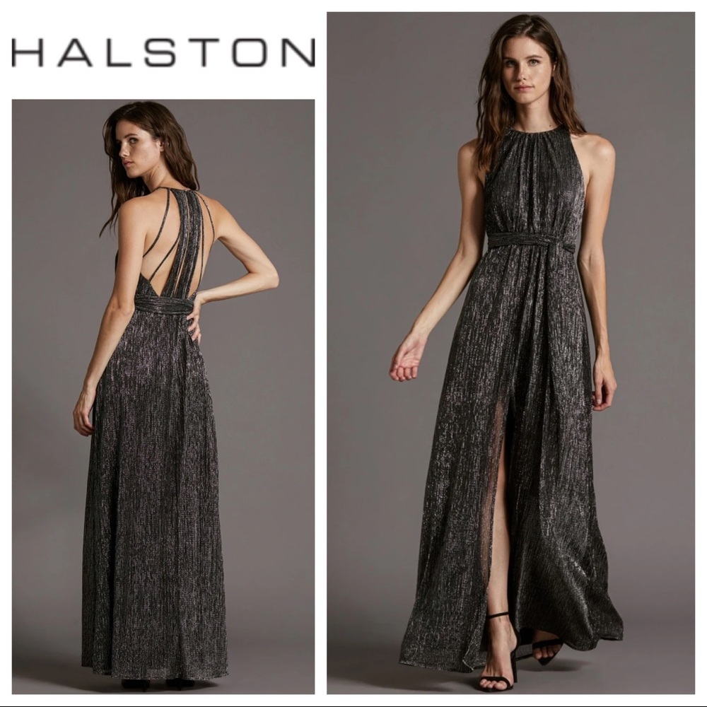 Halston Heritage Silver-Black Metallic Halter Maxi Gown
